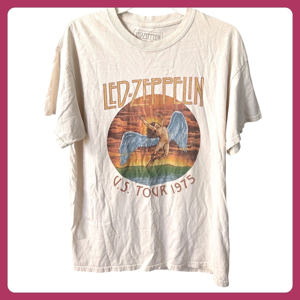 Led Zeppelin US Tour 1975 Graphic T-Shirt Cream Cotton Mens Large Icarus Logo